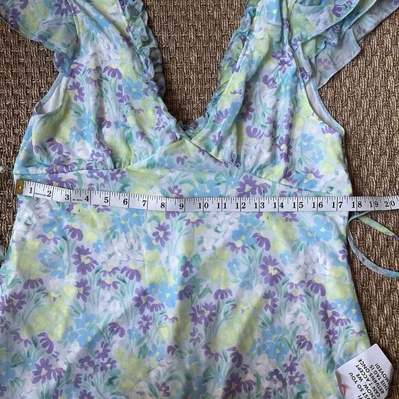 ASOS Mesh Mini Tea Dress Ruffle Sleeve Blue Floral Sz 14 Whimsy Fairy Cottage - Picture 5 of 6